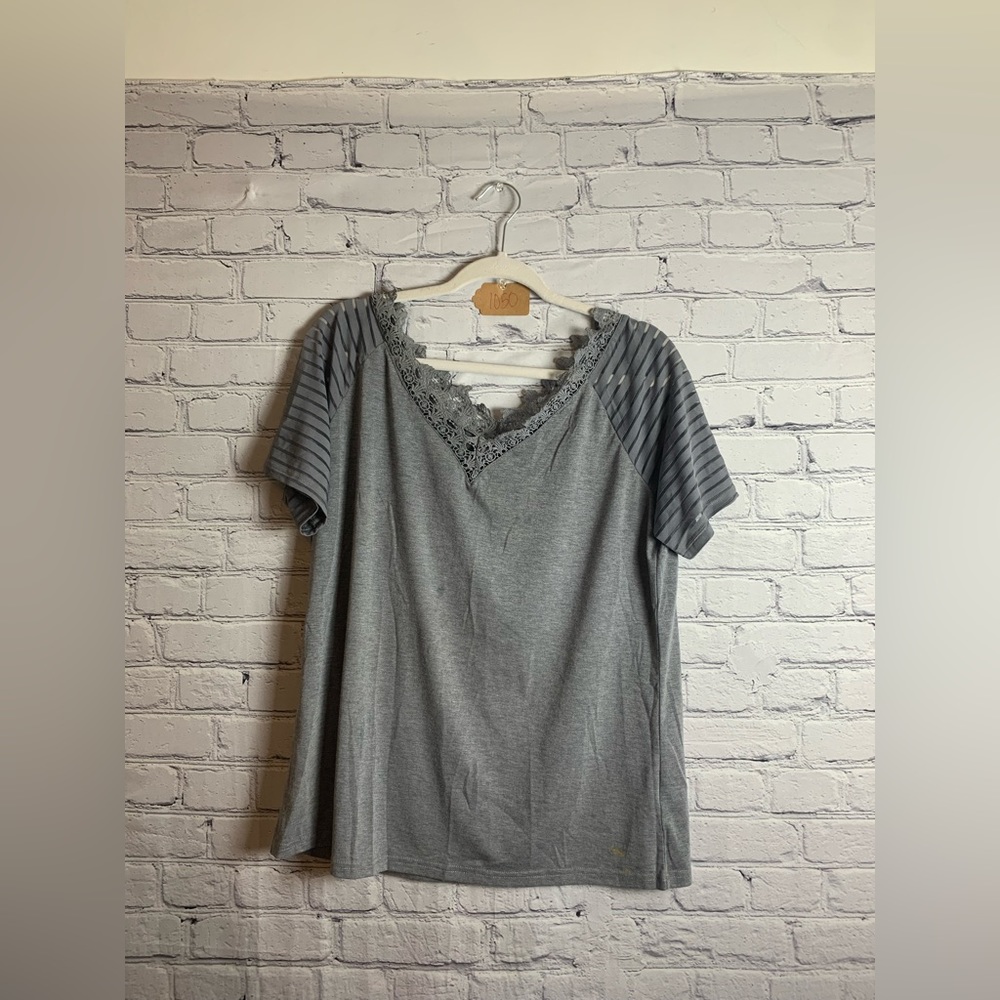 Heather grey blouse, lace v neck, see through shoulder stripes
